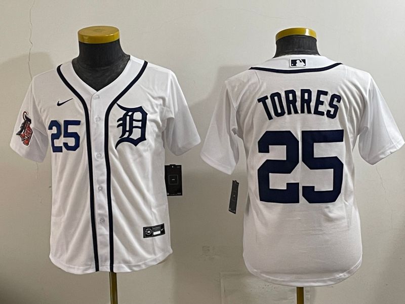 Youth 2025 Detroit Tigers 25 Torres White Game Nike MLB Jersey style 7